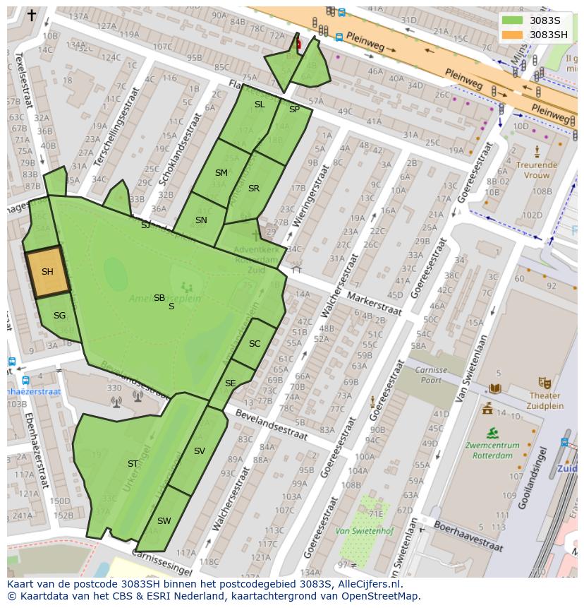 Afbeelding van het postcodegebied 3083 SH op de kaart.