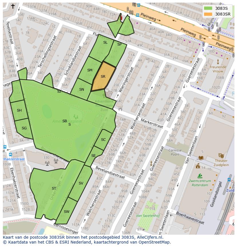 Afbeelding van het postcodegebied 3083 SR op de kaart.