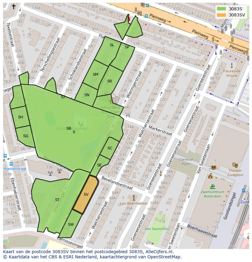 Afbeelding van het postcodegebied 3083 SV op de kaart.