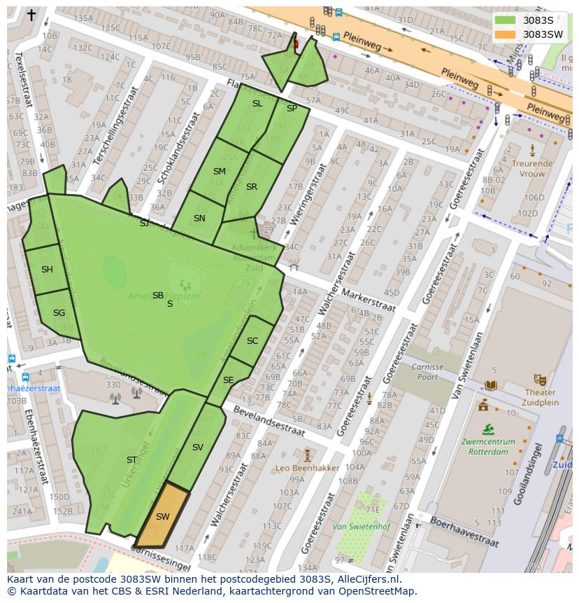 Afbeelding van het postcodegebied 3083 SW op de kaart.