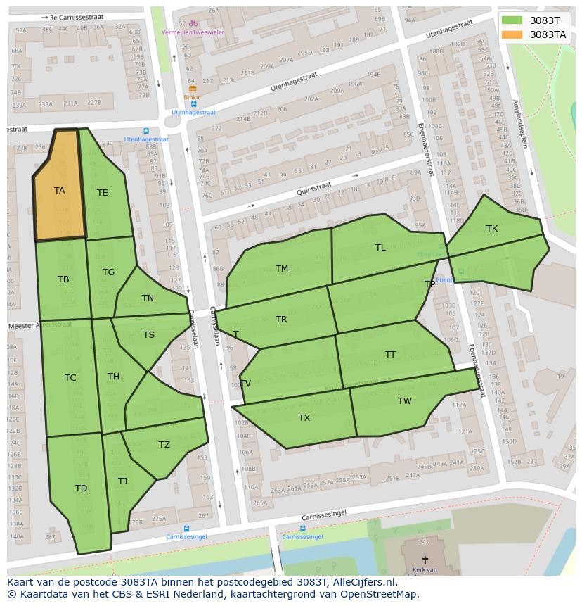 Afbeelding van het postcodegebied 3083 TA op de kaart.
