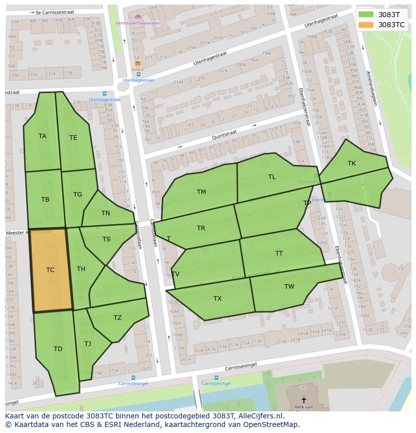 Afbeelding van het postcodegebied 3083 TC op de kaart.