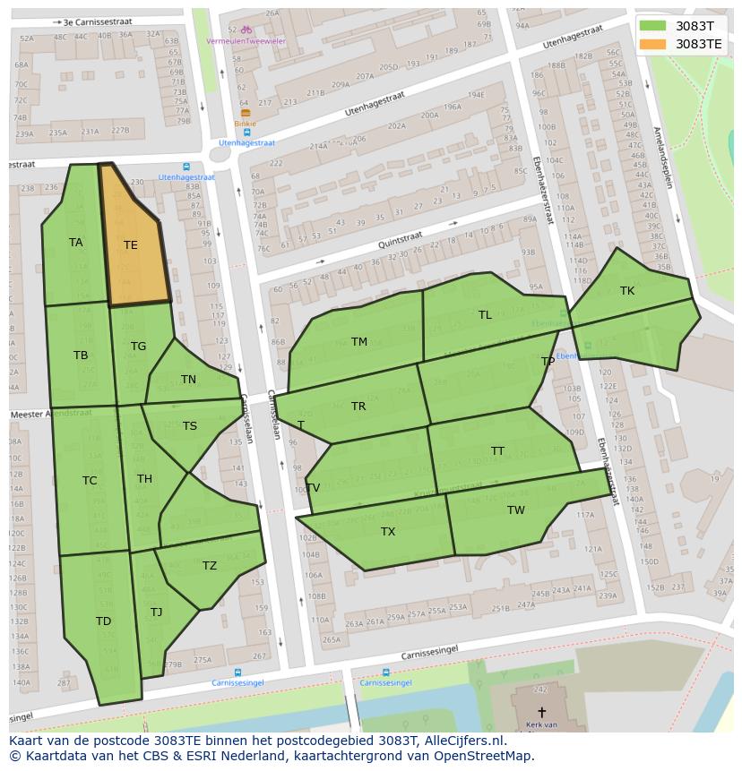Afbeelding van het postcodegebied 3083 TE op de kaart.