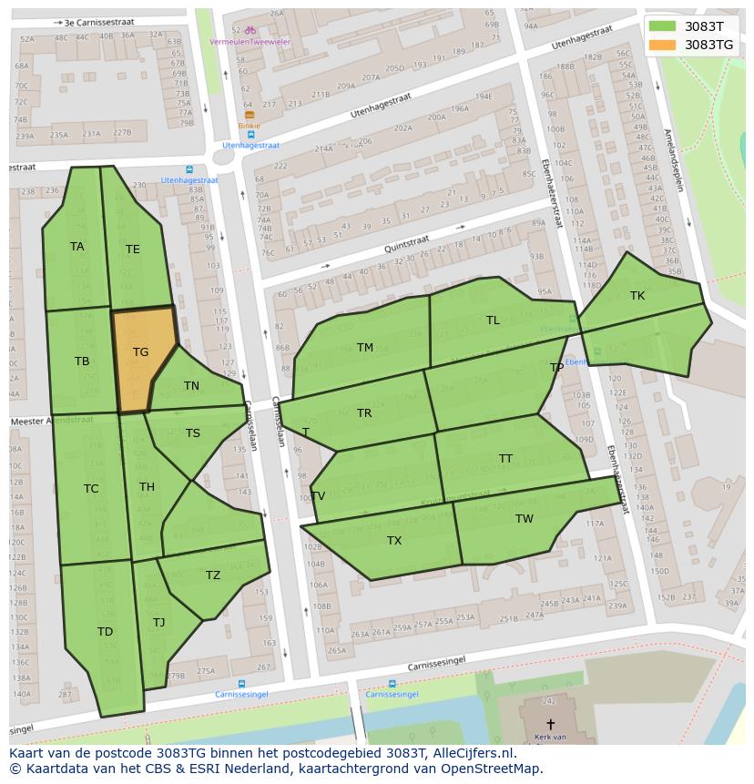 Afbeelding van het postcodegebied 3083 TG op de kaart.