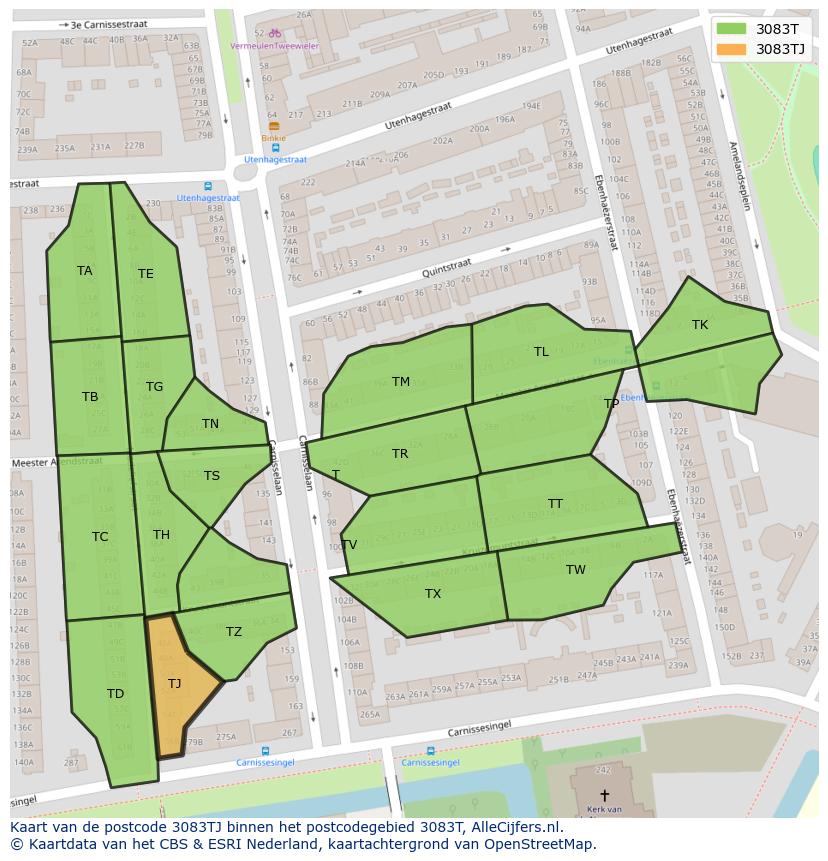 Afbeelding van het postcodegebied 3083 TJ op de kaart.