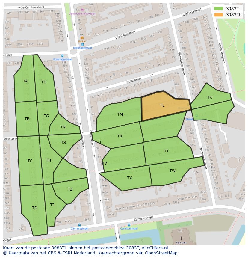 Afbeelding van het postcodegebied 3083 TL op de kaart.
