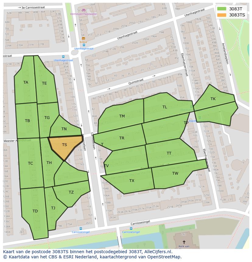 Afbeelding van het postcodegebied 3083 TS op de kaart.