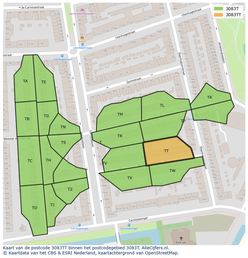 Afbeelding van het postcodegebied 3083 TT op de kaart.