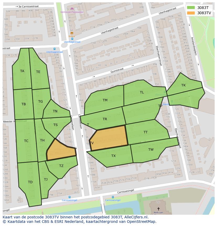 Afbeelding van het postcodegebied 3083 TV op de kaart.