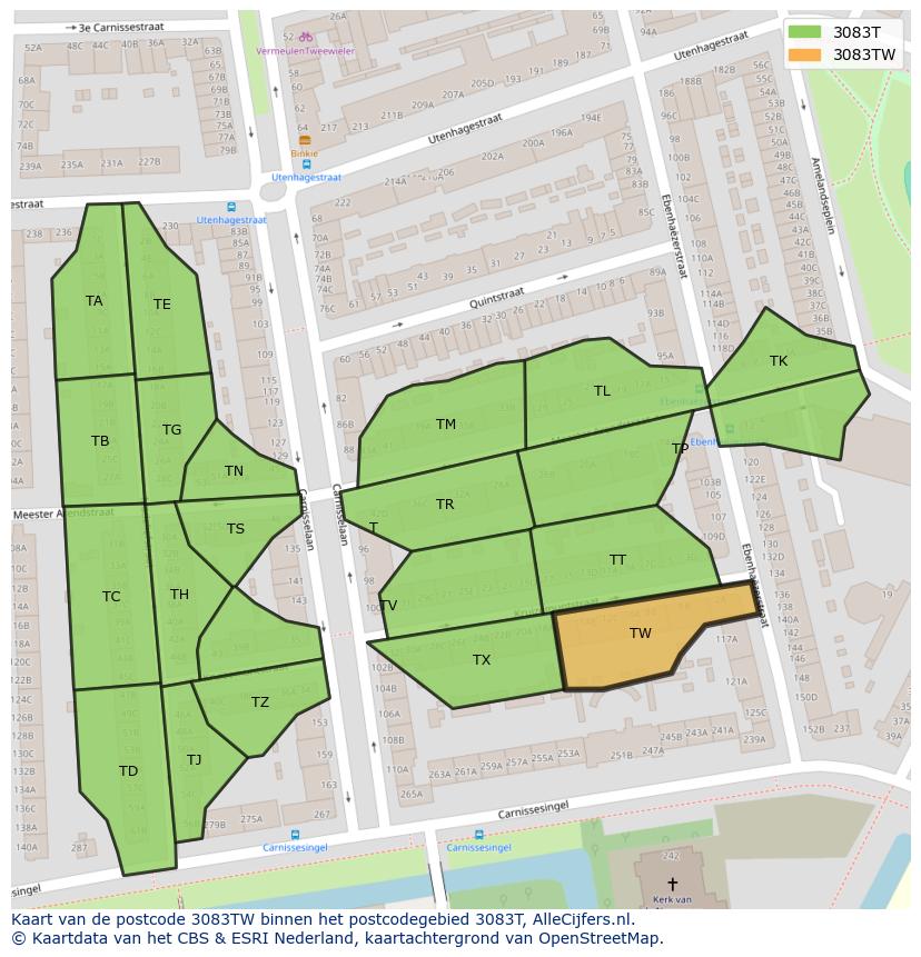 Afbeelding van het postcodegebied 3083 TW op de kaart.