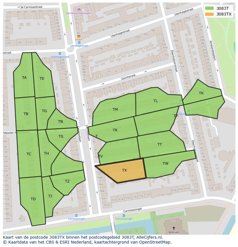 Afbeelding van het postcodegebied 3083 TX op de kaart.