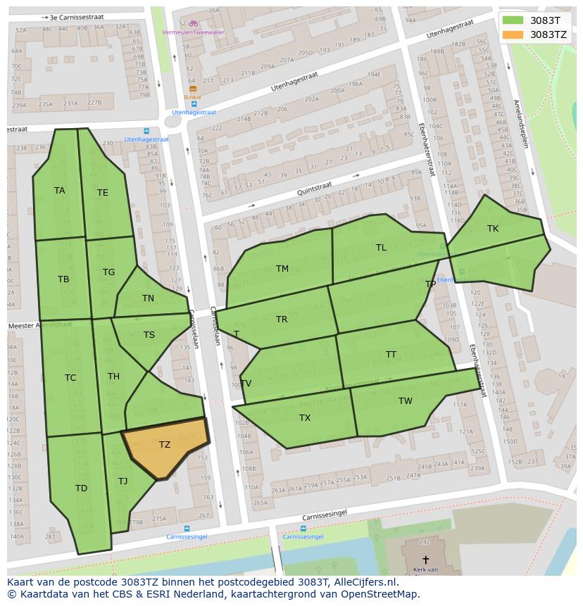 Afbeelding van het postcodegebied 3083 TZ op de kaart.