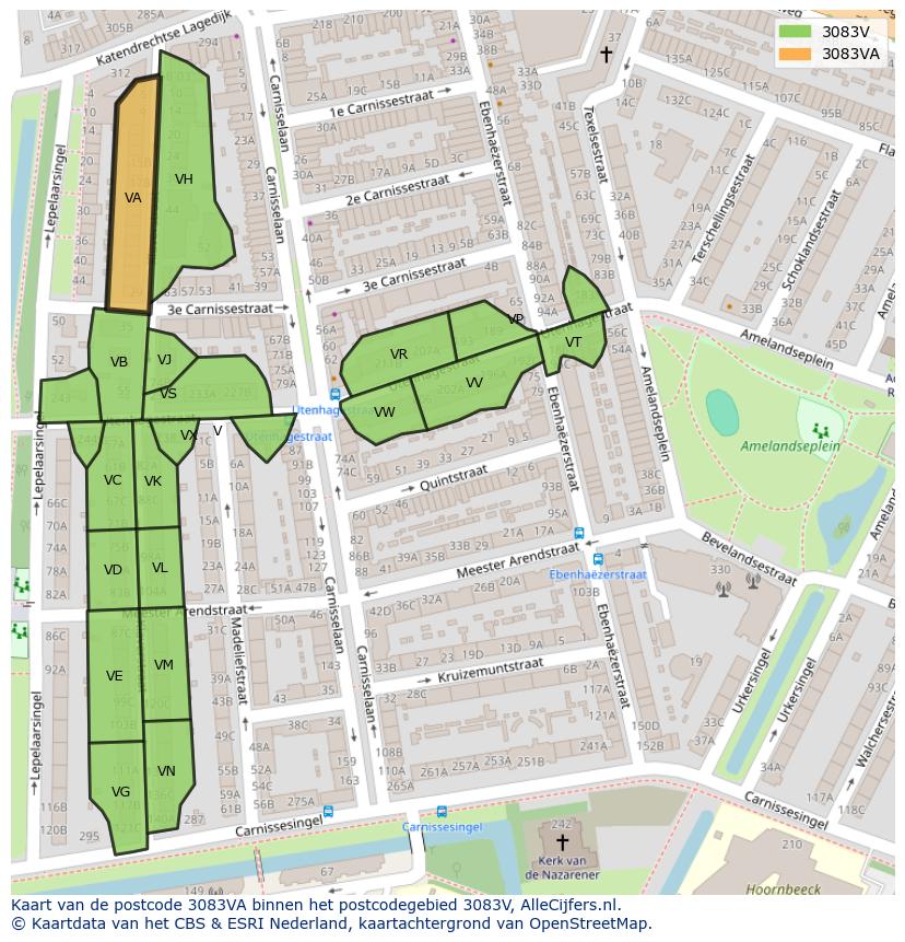 Afbeelding van het postcodegebied 3083 VA op de kaart.