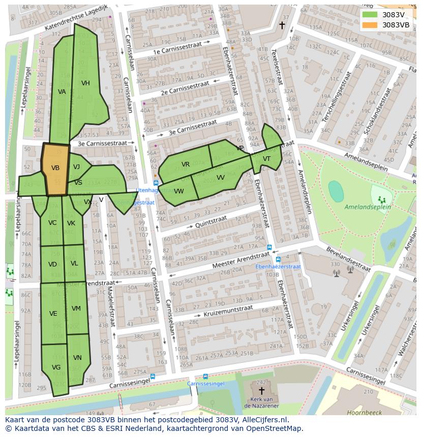 Afbeelding van het postcodegebied 3083 VB op de kaart.