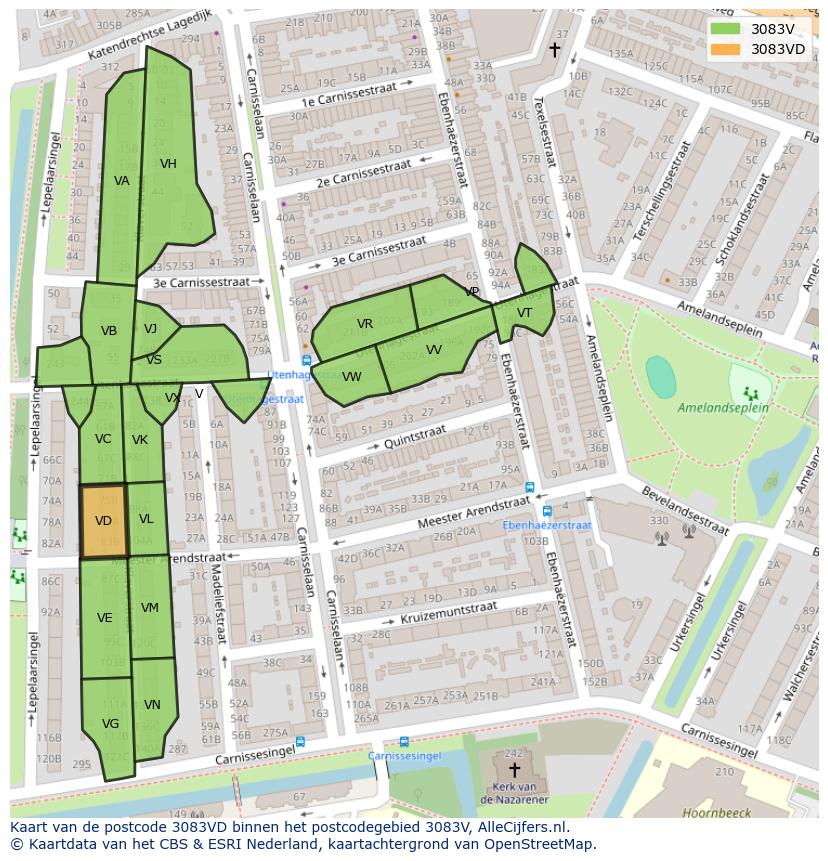Afbeelding van het postcodegebied 3083 VD op de kaart.