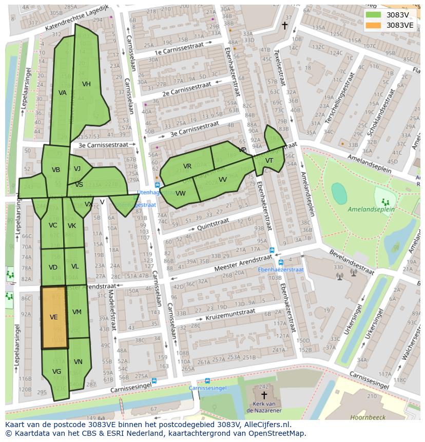 Afbeelding van het postcodegebied 3083 VE op de kaart.