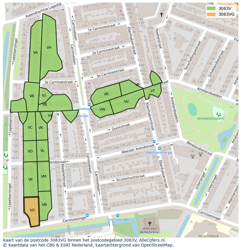 Afbeelding van het postcodegebied 3083 VG op de kaart.