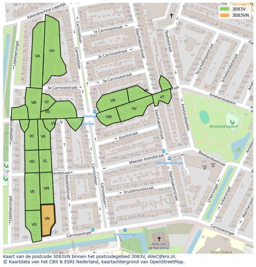 Afbeelding van het postcodegebied 3083 VN op de kaart.