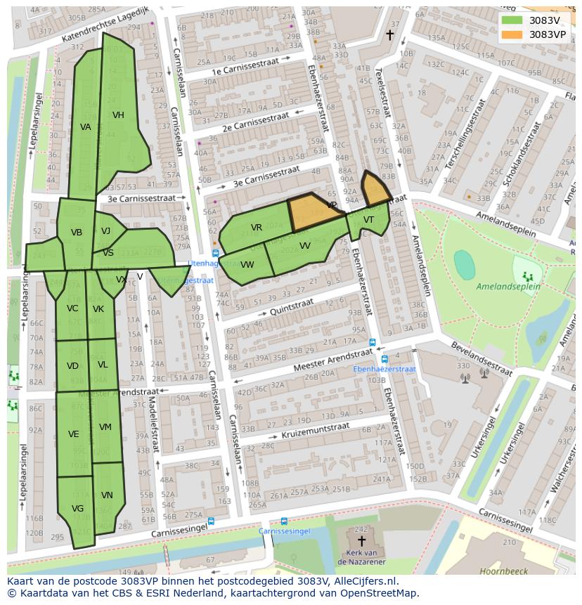 Afbeelding van het postcodegebied 3083 VP op de kaart.