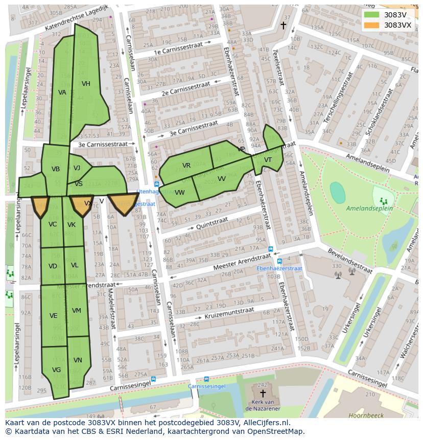 Afbeelding van het postcodegebied 3083 VX op de kaart.