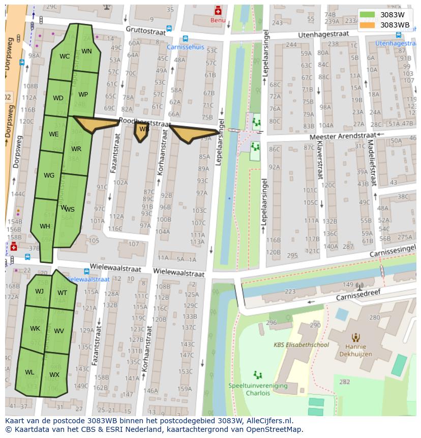 Afbeelding van het postcodegebied 3083 WB op de kaart.