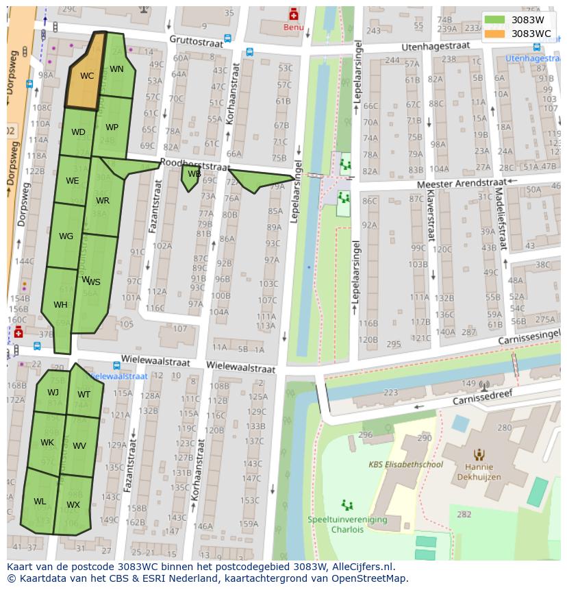Afbeelding van het postcodegebied 3083 WC op de kaart.