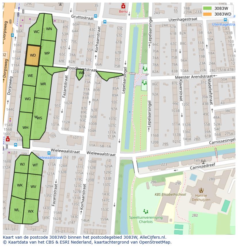 Afbeelding van het postcodegebied 3083 WD op de kaart.