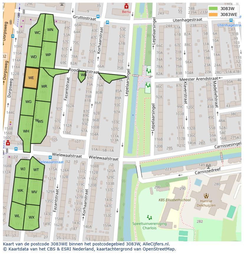 Afbeelding van het postcodegebied 3083 WE op de kaart.