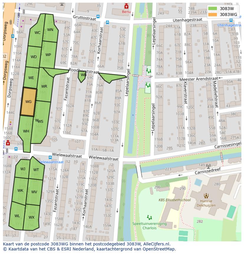 Afbeelding van het postcodegebied 3083 WG op de kaart.