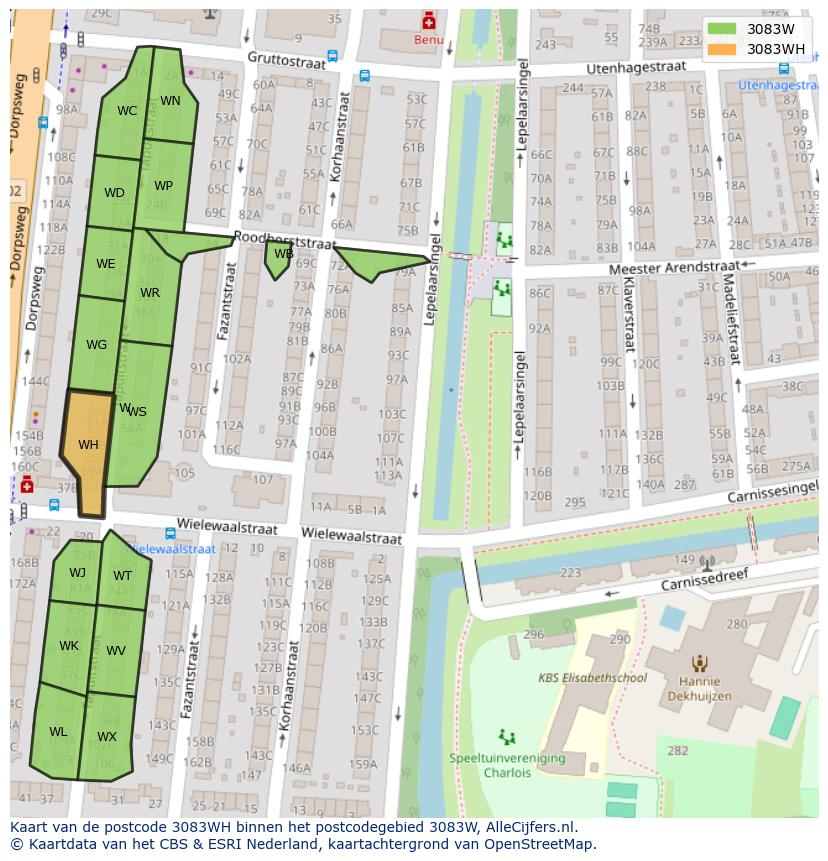 Afbeelding van het postcodegebied 3083 WH op de kaart.