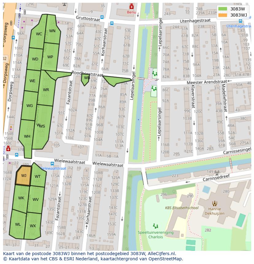 Afbeelding van het postcodegebied 3083 WJ op de kaart.