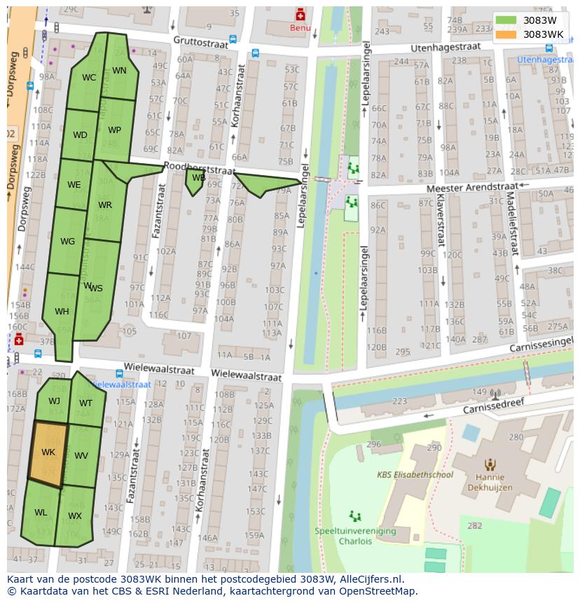 Afbeelding van het postcodegebied 3083 WK op de kaart.