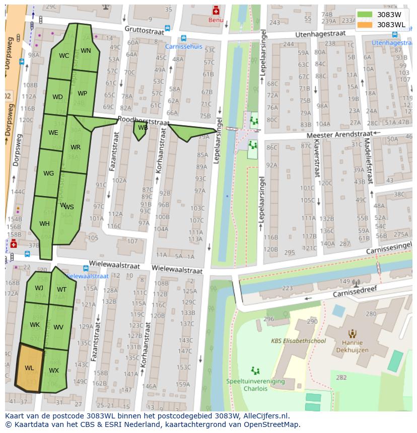 Afbeelding van het postcodegebied 3083 WL op de kaart.