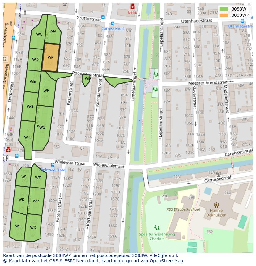 Afbeelding van het postcodegebied 3083 WP op de kaart.
