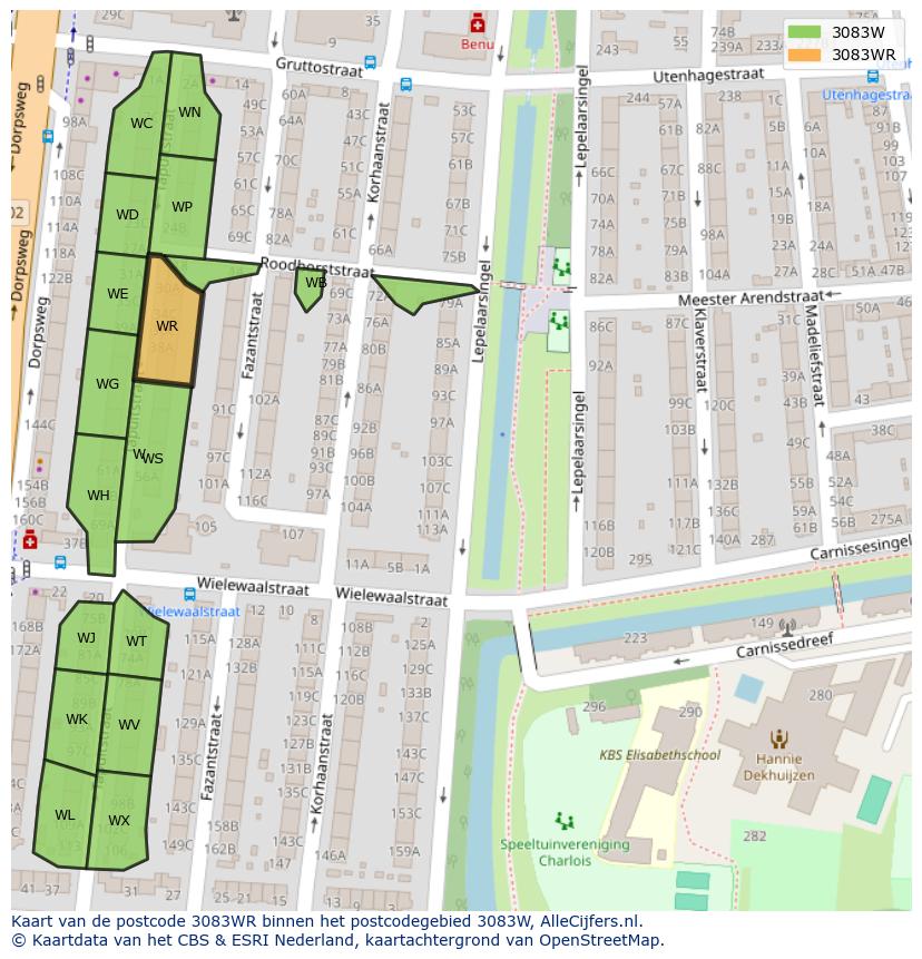 Afbeelding van het postcodegebied 3083 WR op de kaart.