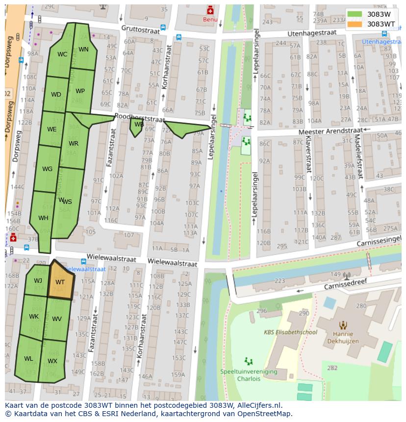 Afbeelding van het postcodegebied 3083 WT op de kaart.