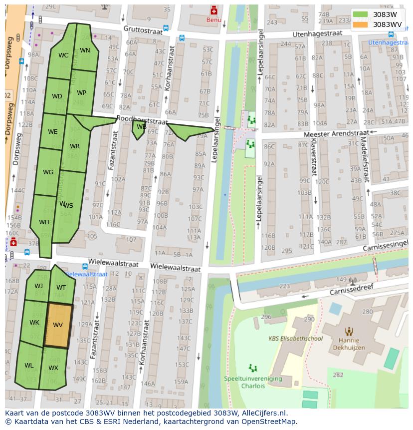 Afbeelding van het postcodegebied 3083 WV op de kaart.