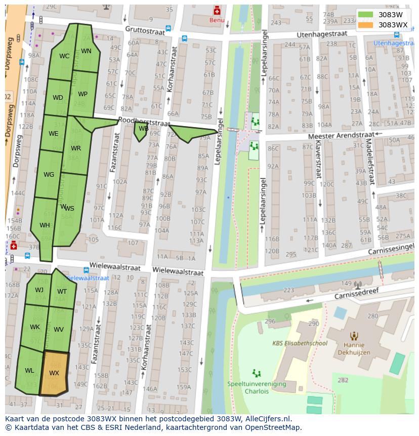 Afbeelding van het postcodegebied 3083 WX op de kaart.