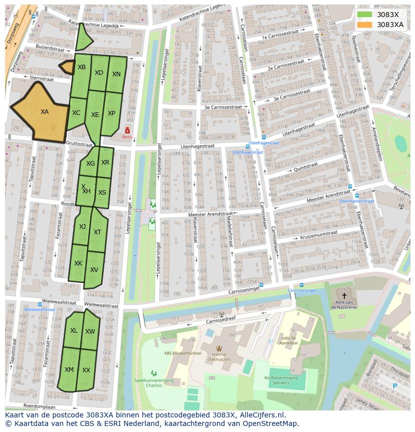 Afbeelding van het postcodegebied 3083 XA op de kaart.