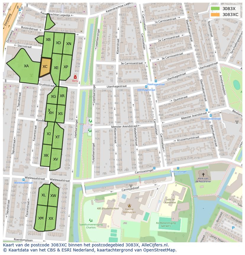 Afbeelding van het postcodegebied 3083 XC op de kaart.