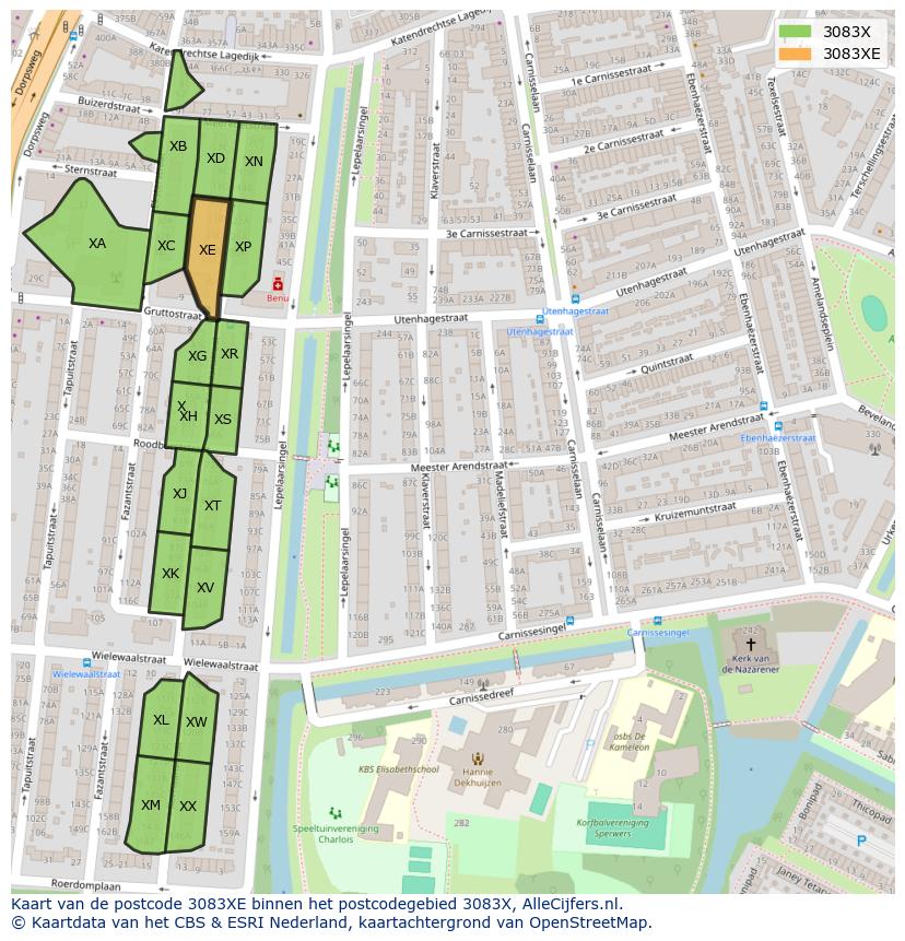 Afbeelding van het postcodegebied 3083 XE op de kaart.