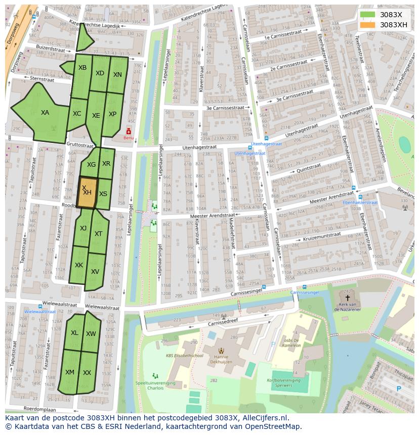 Afbeelding van het postcodegebied 3083 XH op de kaart.