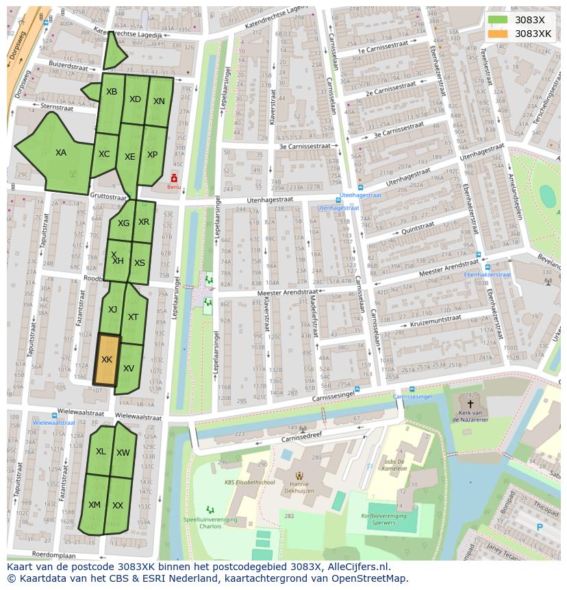 Afbeelding van het postcodegebied 3083 XK op de kaart.