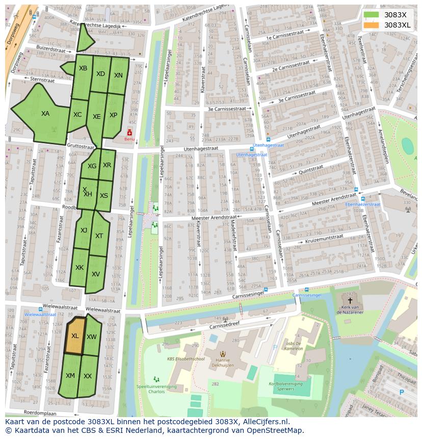 Afbeelding van het postcodegebied 3083 XL op de kaart.