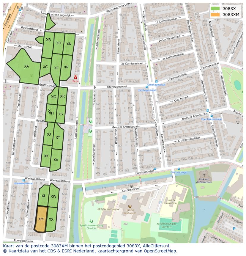 Afbeelding van het postcodegebied 3083 XM op de kaart.