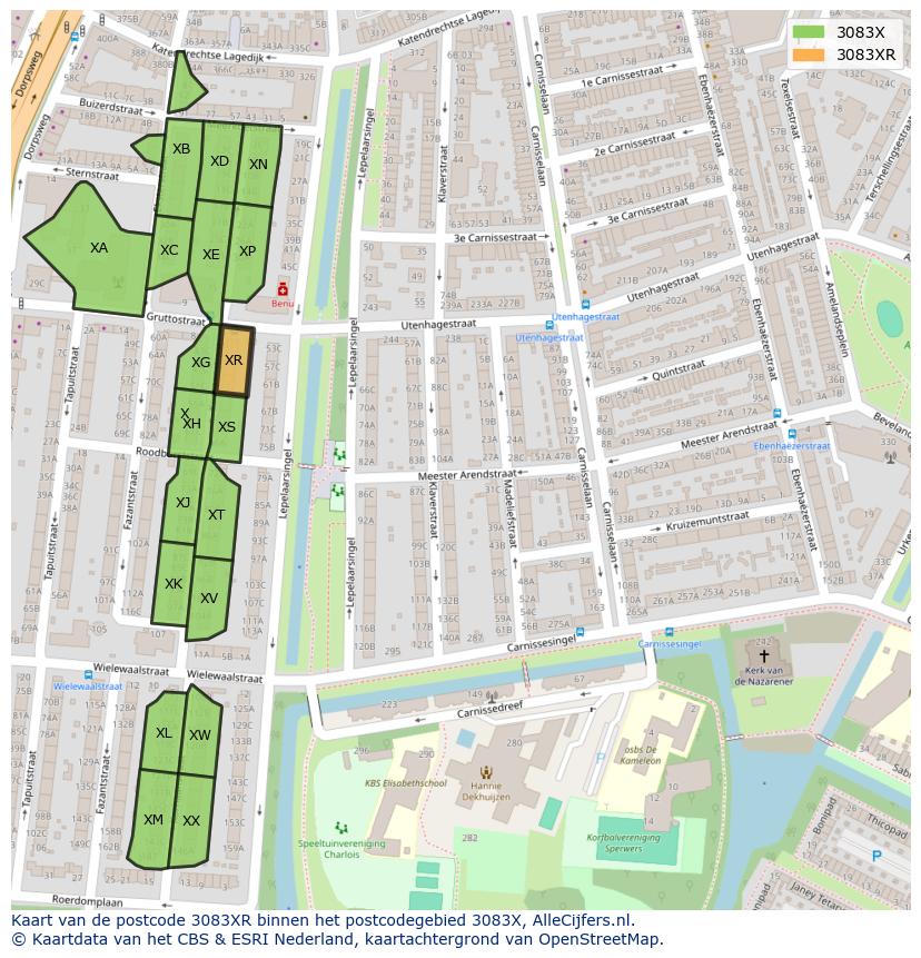Afbeelding van het postcodegebied 3083 XR op de kaart.