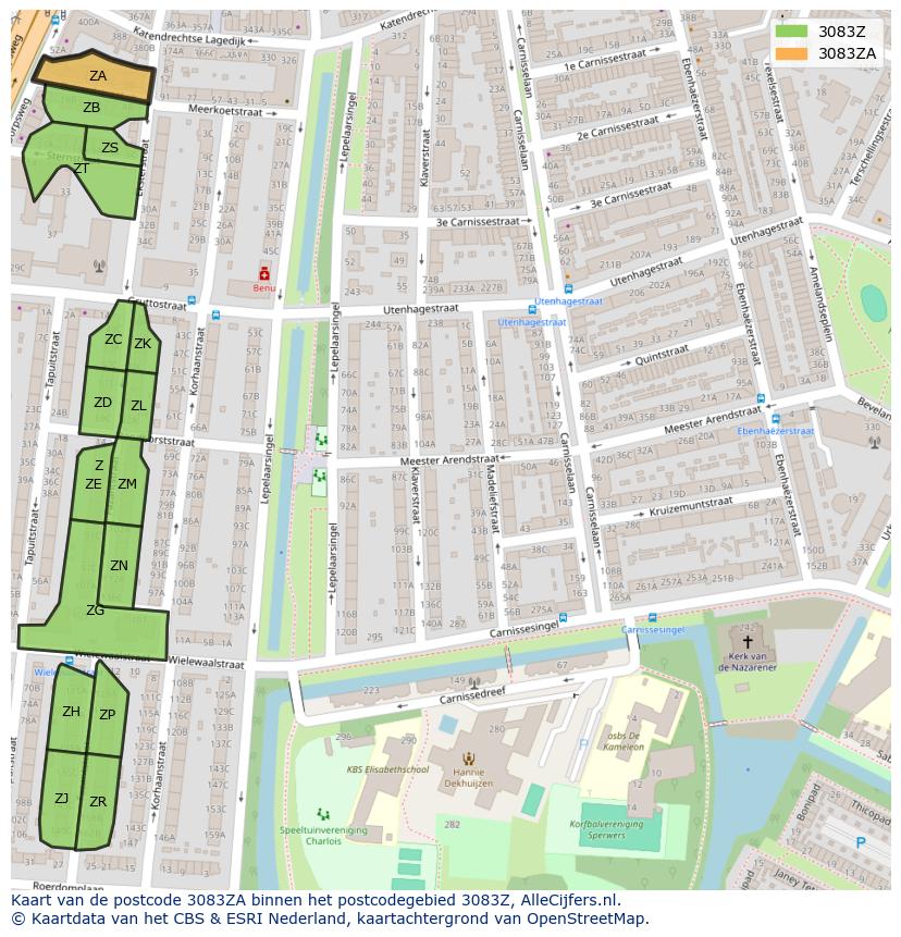 Afbeelding van het postcodegebied 3083 ZA op de kaart.