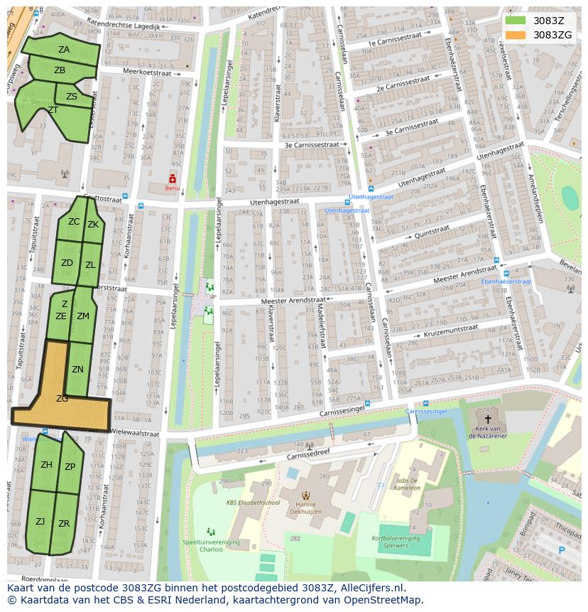 Afbeelding van het postcodegebied 3083 ZG op de kaart.