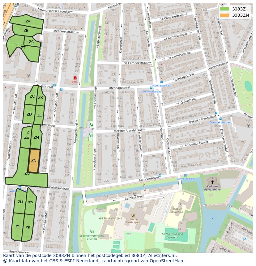 Afbeelding van het postcodegebied 3083 ZN op de kaart.