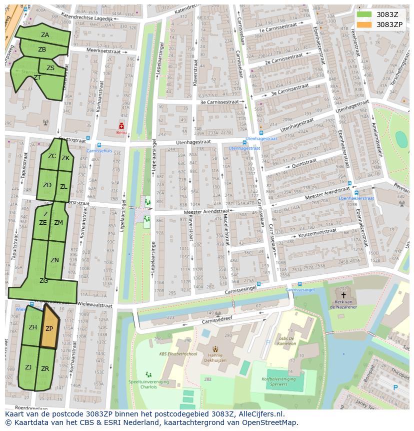 Afbeelding van het postcodegebied 3083 ZP op de kaart.